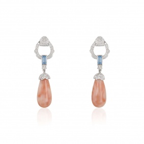 White Gold Coral, Diamond and Topaz Drop Earrings